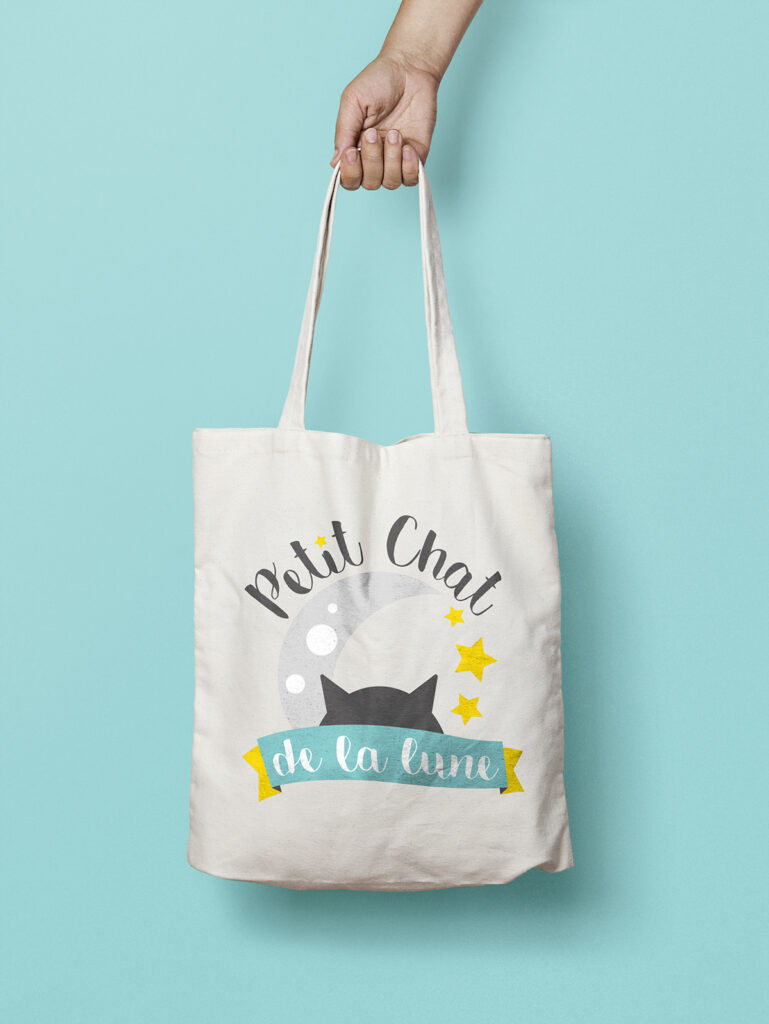 Tote bag en tissus avec sérigraphie chat et lune