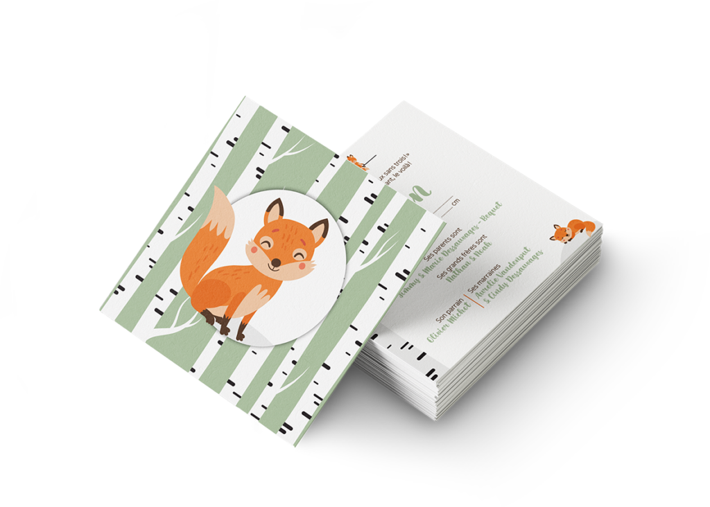 Faire part de naissance avec un renard et des arbres en arrière plan
